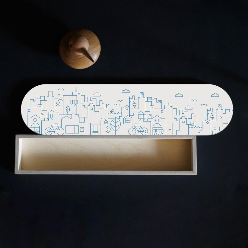 Handmade multifunctional wooden box with a Blue City line illustration, serving as storage, a tray, and wall art.