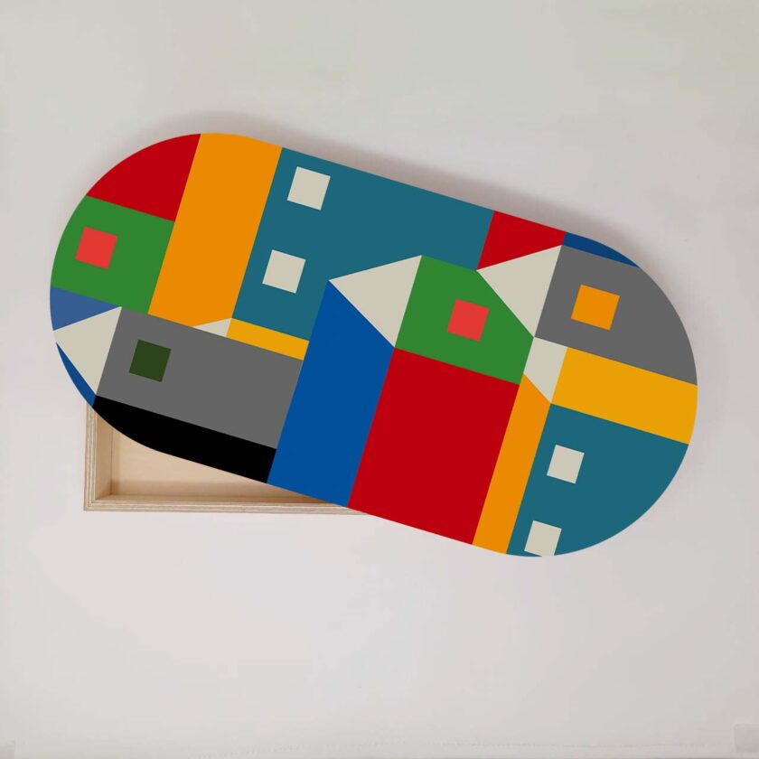 Multifunctional wooden box with geometric house-shaped illustrations, handmade in Lebanon, used for storage, as a tray, or wall art.